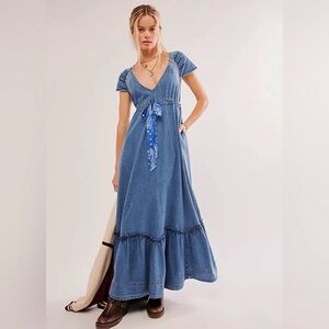 Free People Roucha Denim Maxi Dress, Size S & L, (v)